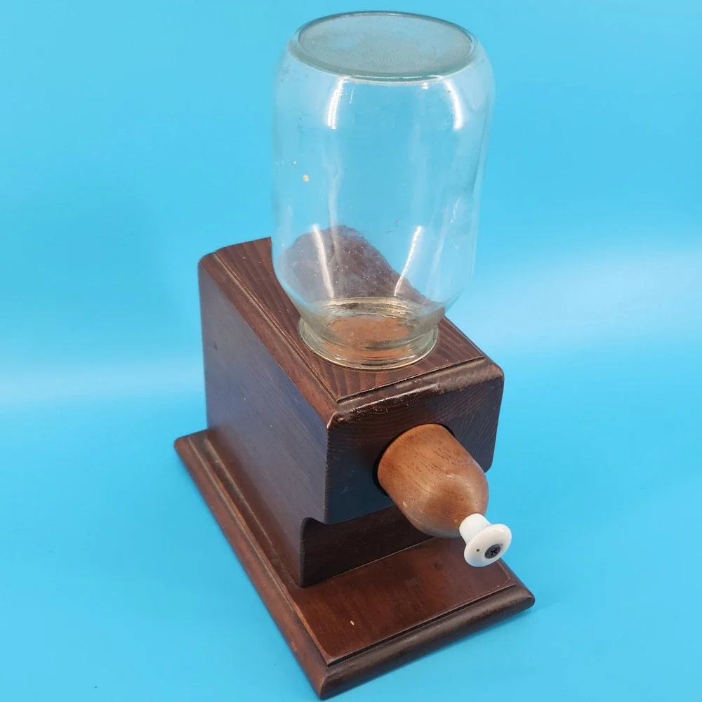 Vintage Wooden Candy Nut Peanut Dispenser Glass Jar Pull Handle Rustic Handmade